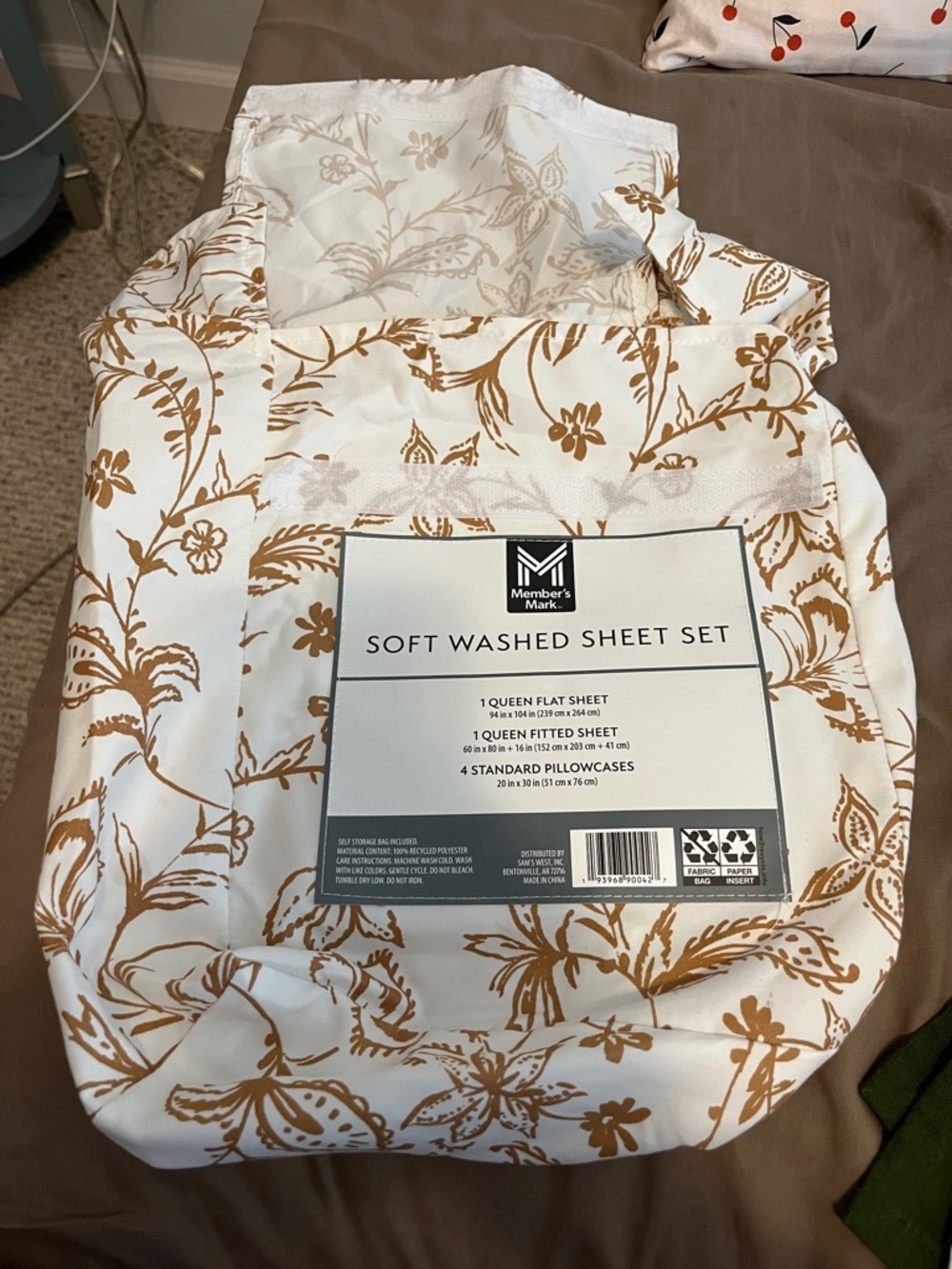 Soft Washed Queen Sheet Set in Tan Floral bag only